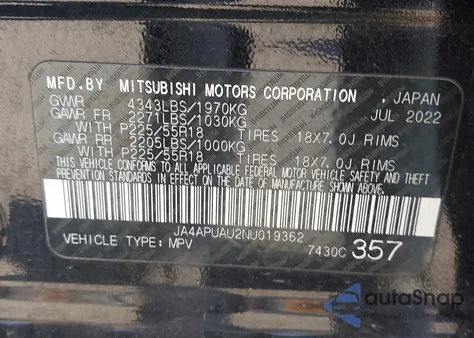 2022 Mitsubishi Outlander Sport 2.0 Be 2Wd/2.0 Es 2Wd/2.0 Le 2Wd/2.0 S 2Wd из США, поврежденный, VIN JA4APUAU2NU019362